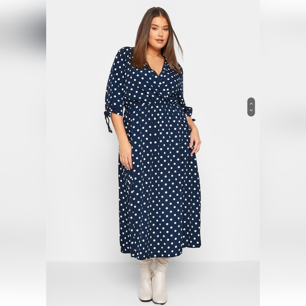 Long Tall Sally Navy Blue white polka dot tie sleeve midi dress US Size 10